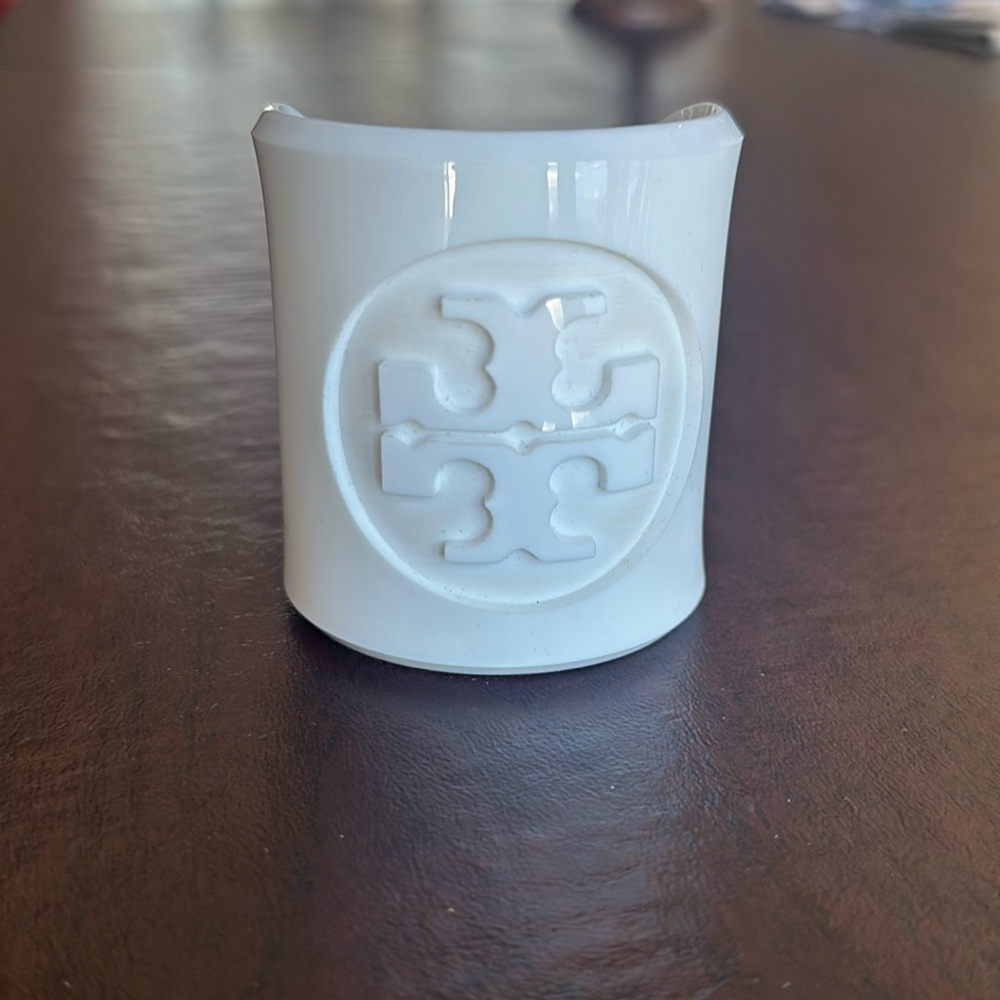 Tory Burch White Acrylic Cuff with Tory Burch Logo